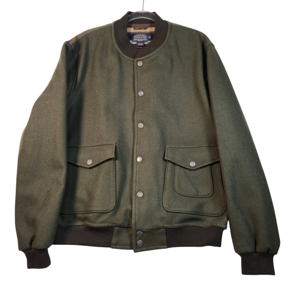 Pendleton Bomber Jacket Men XL Green Wool Southwestern Graphic Snap Front
